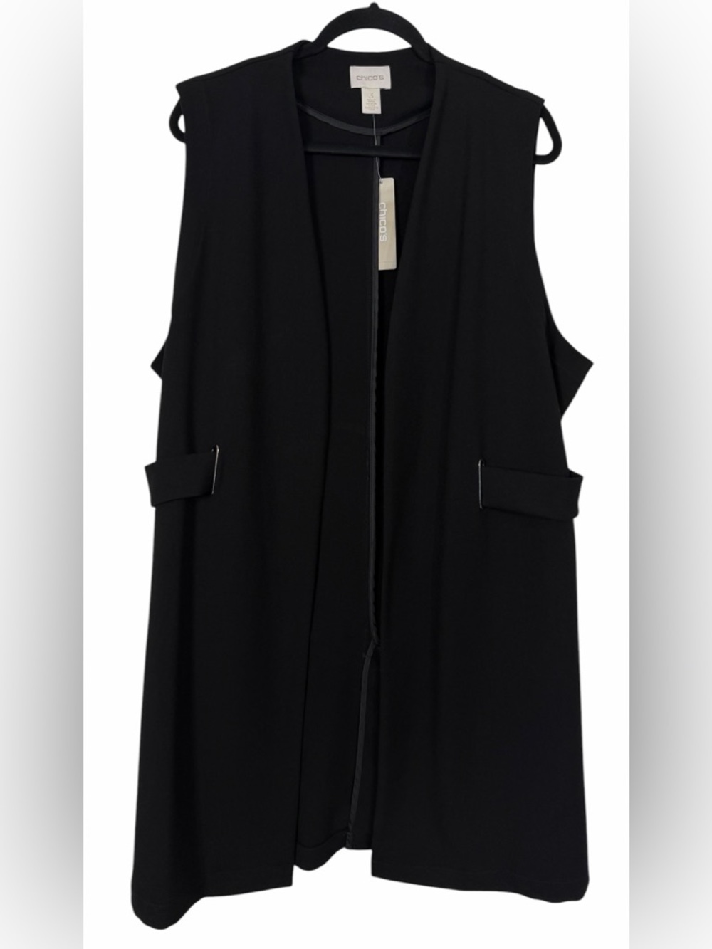 NWT Chico’s Black Crepe Vest Longline Belt Detail Careerwear Size 3 (XL)